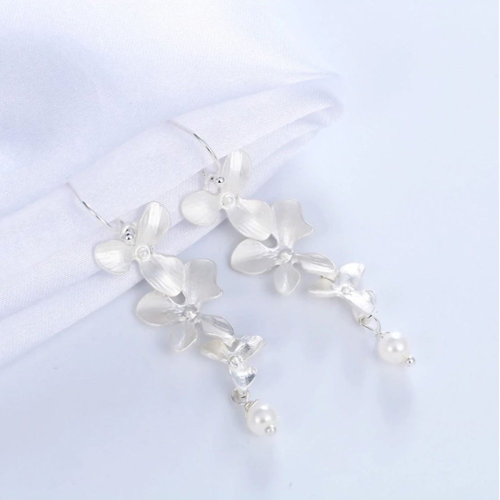 2/$12 Orchid Pearl Drop Wire Earrings Silver